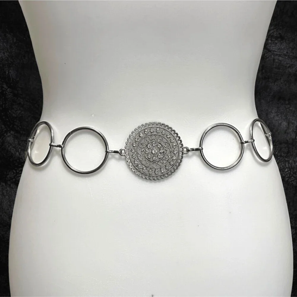 Chunky Chain Belt Women Silver Tone Medallions Rings Rhinestone Concho Y2K 51.5